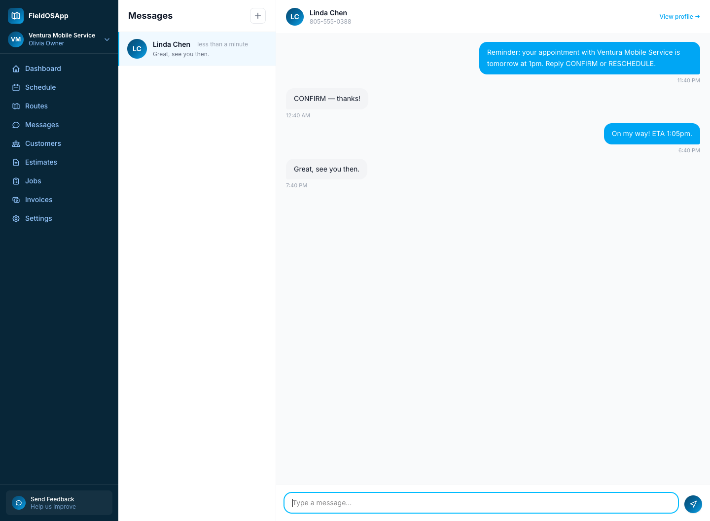 FieldOSApp conversation thread — two-way SMS with a customer kept on the job, not your personal phone