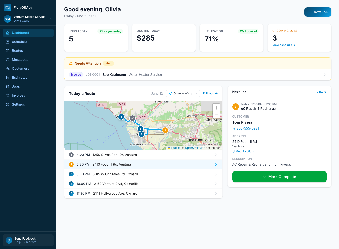 FieldOSApp dashboard — today's jobs, route map, revenue, and what needs attention in one view