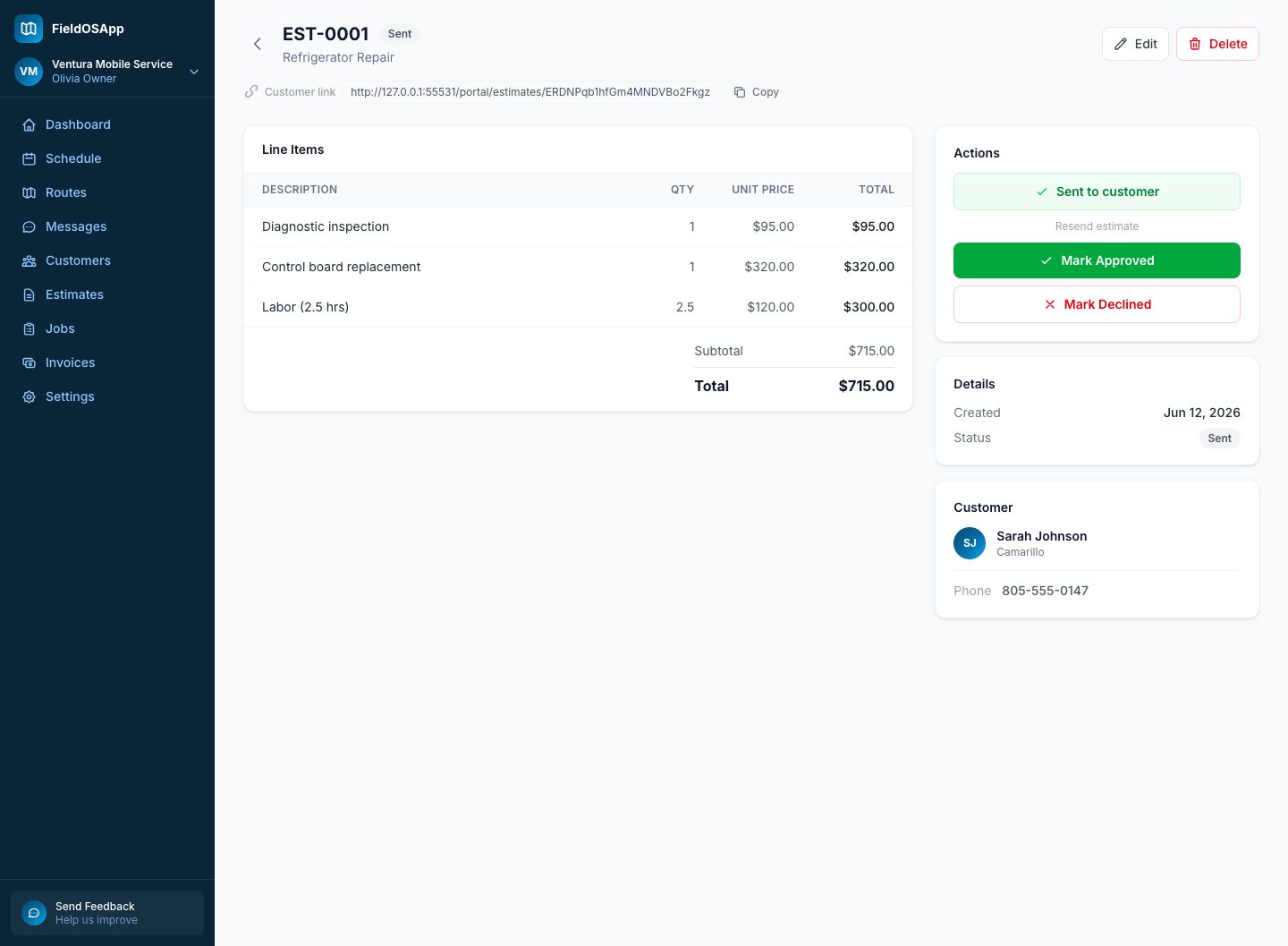 FieldOSApp estimate — itemized quote sent to the customer for one-tap approval