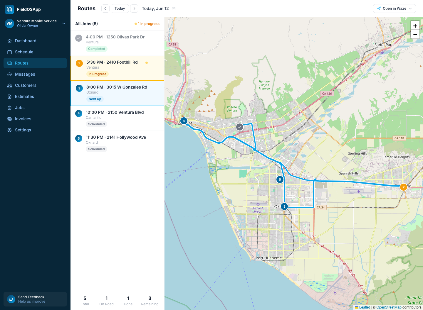 FieldOSApp route view — the day's jobs ordered on a map to cut drive time